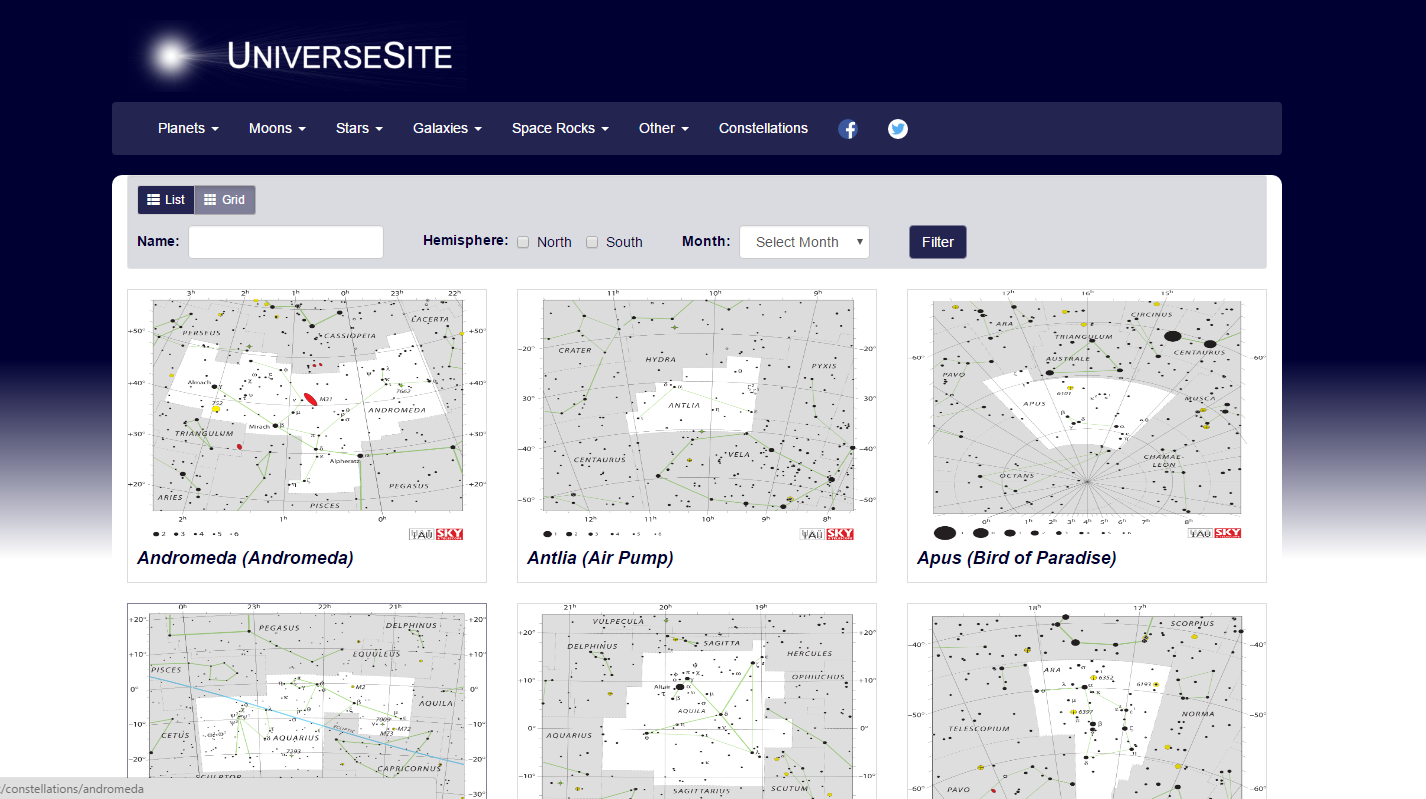 UniverseSite 2.0 constellations page